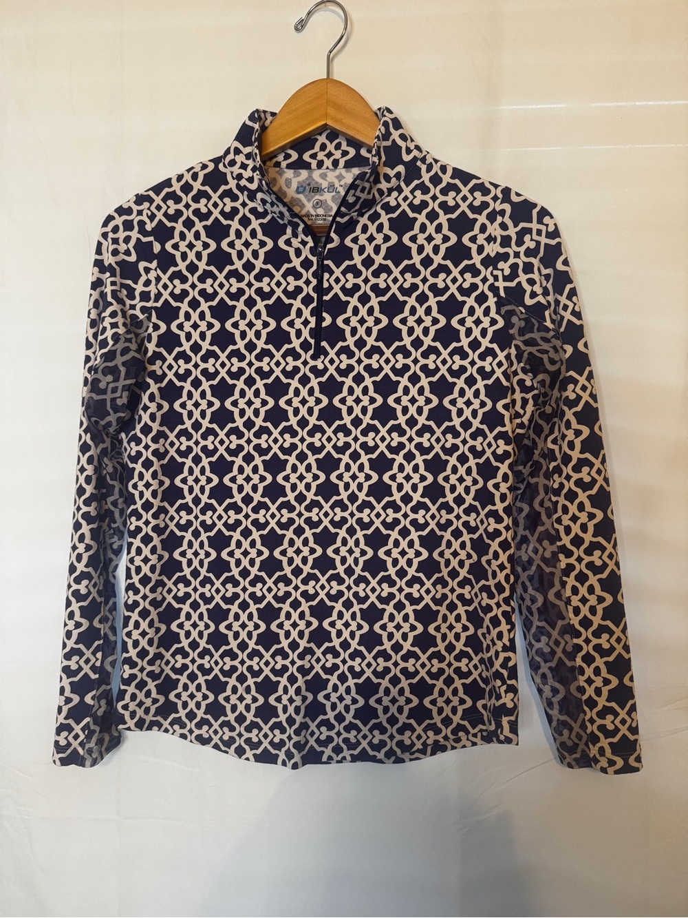 Ibkul Navy and White Geometric Quarter-Zip Performance Top